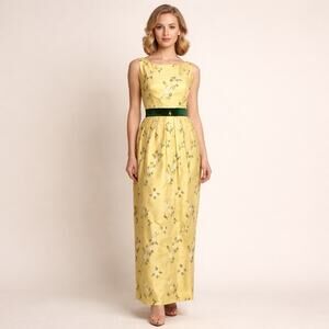 Vintage 60s Yellow Chiffon Floral Embroidered Formal Dress Gown XXS/XS